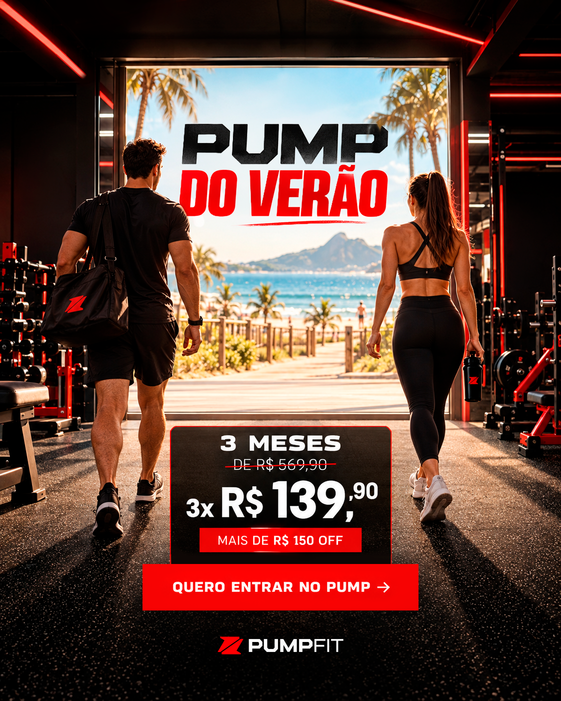 Campanha Pump do Verão, com academia e paisagem de verão
